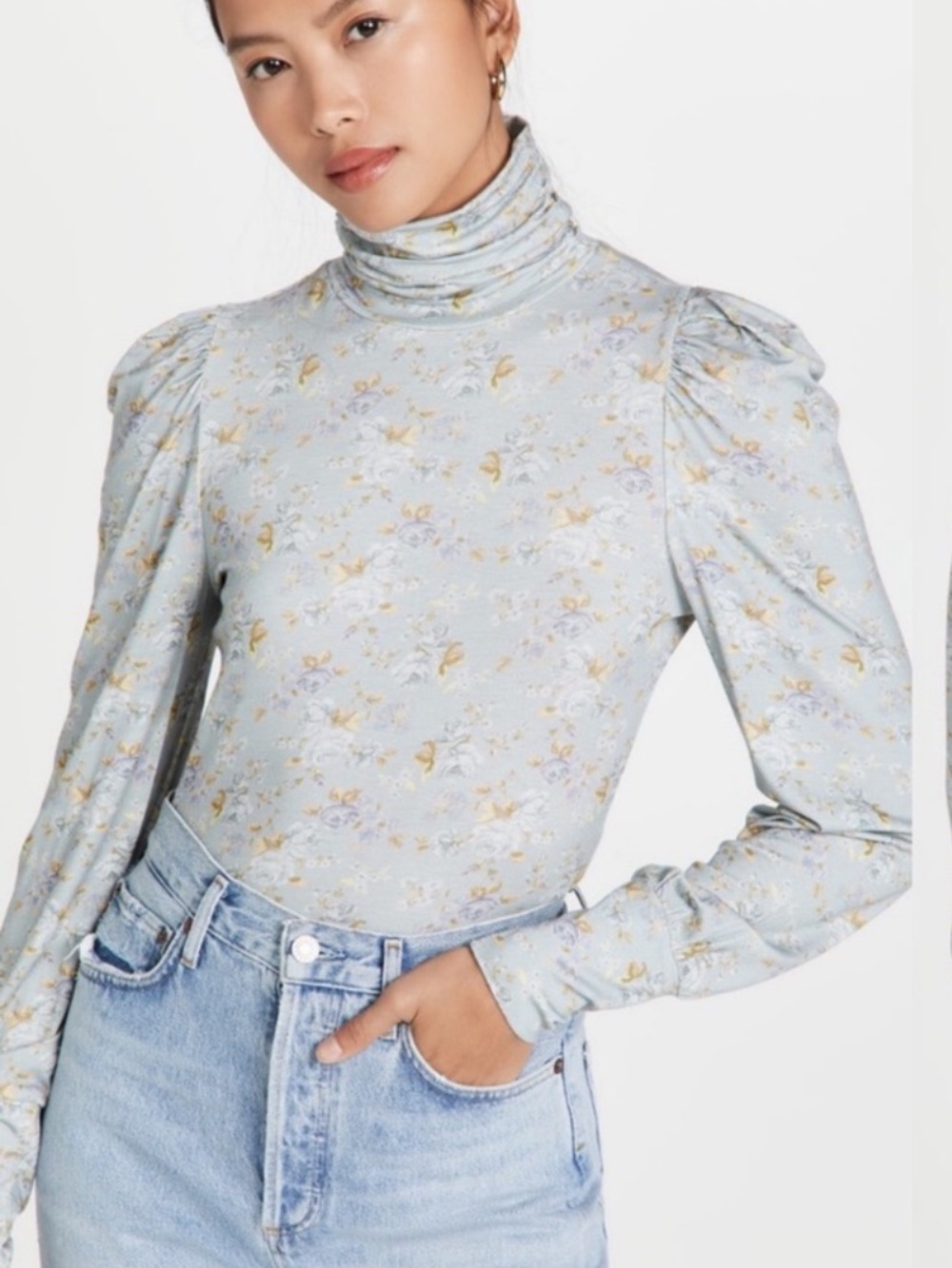 LoveShackFancy Pale Blue Floral Turtleneck